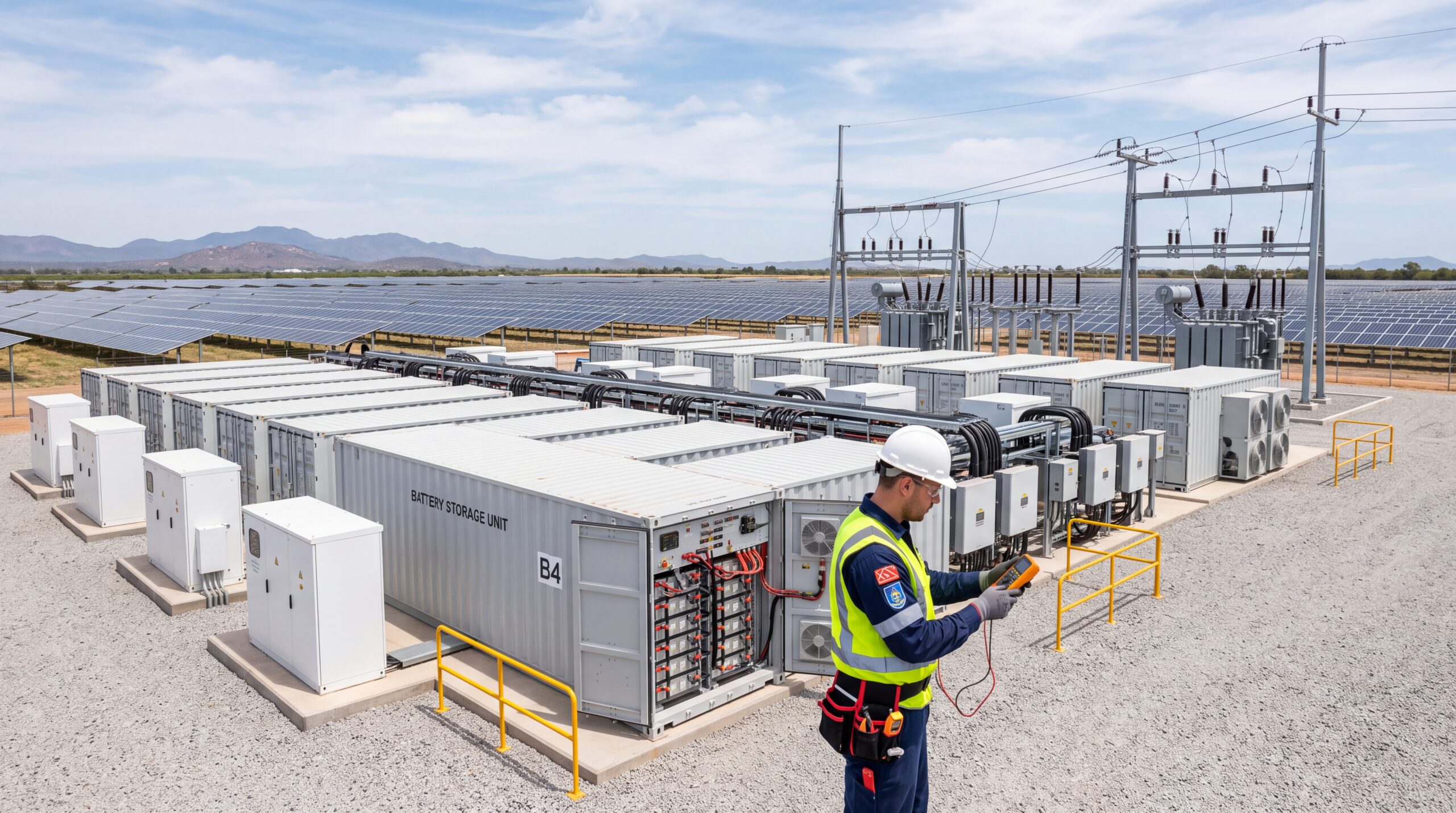 Große Batteriespeicheranlage mit technischer Infrastruktur und einer Person – Symbolbild