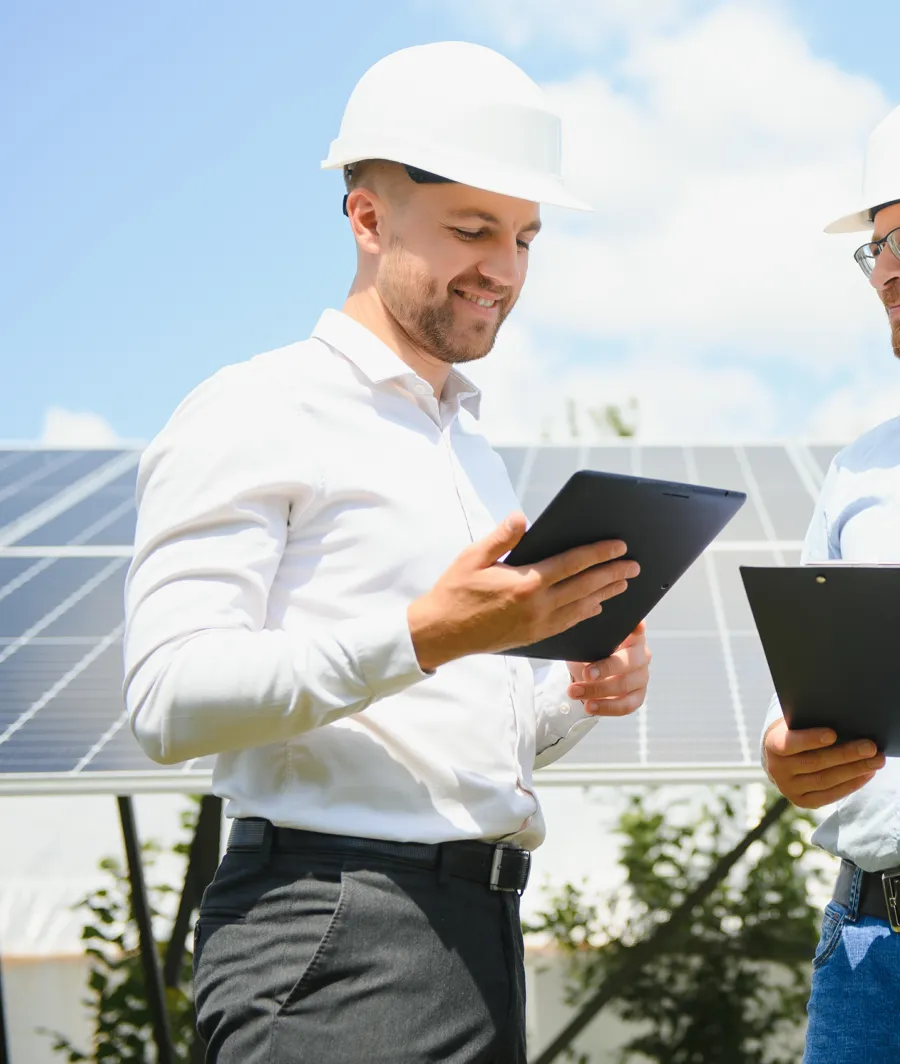 Ein Mann mit Schutzhelm sieht auf ein Tablet vor einer Solaranlage
