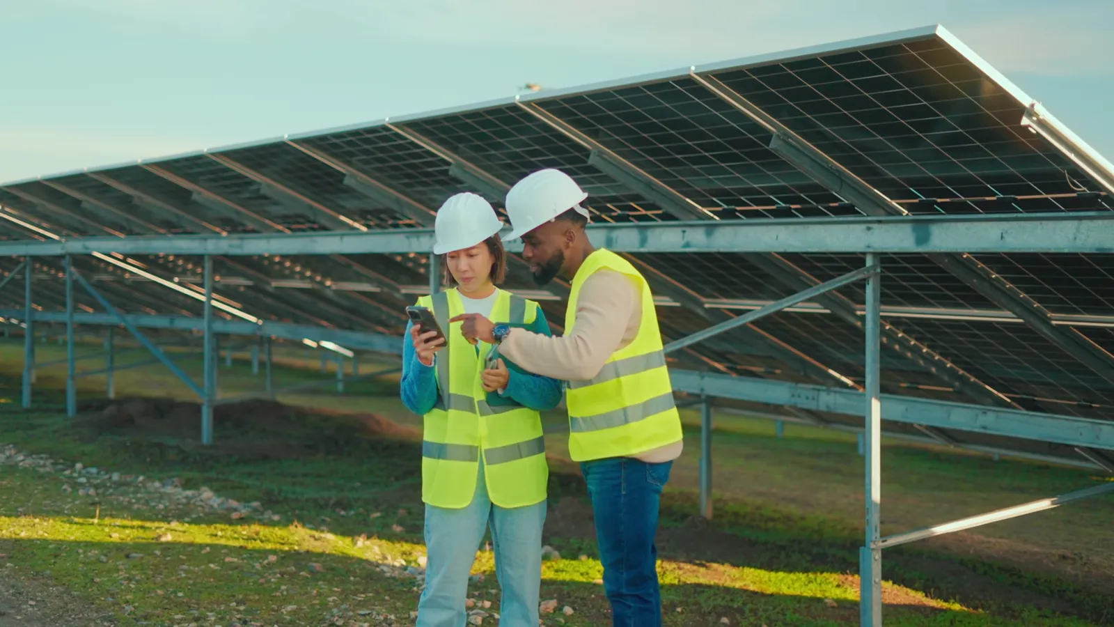 Zwei Fachleute mit Schutzhelmen und Warnwesten prüfen Angaben auf einem Smartphone vor aufgeständerten Solarmodulen