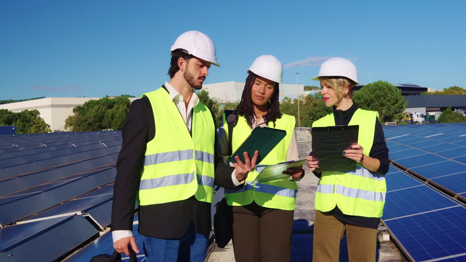 Drei Personen mit Schutzhelmen und Warnwesten besprechen Unterlagen auf einem Flachdach mit Solarmodulen