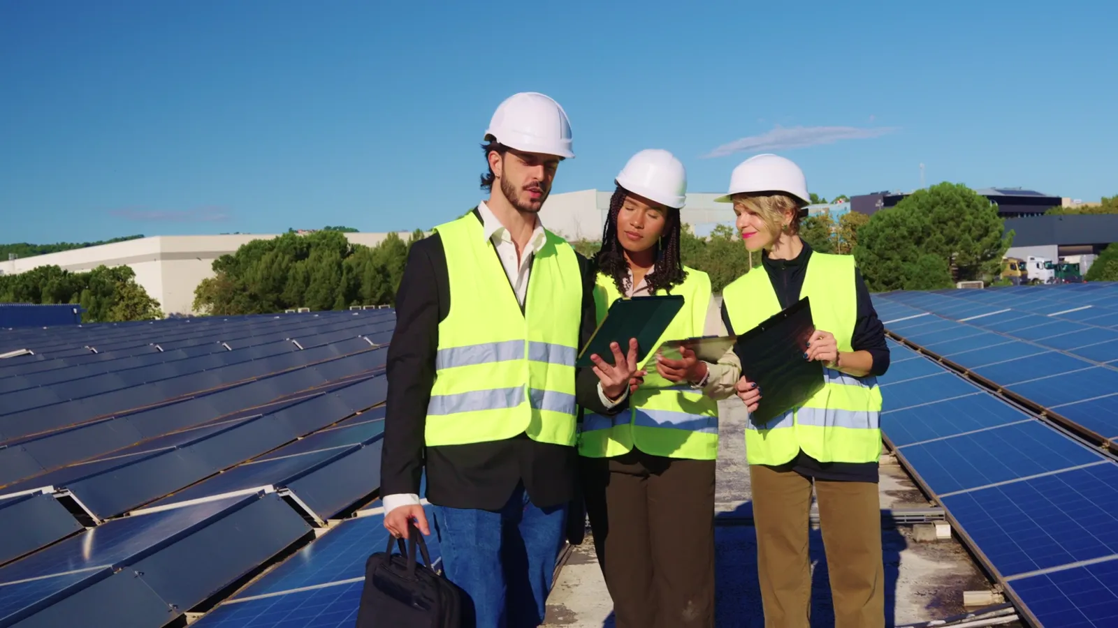 Drei Personen mit Schutzhelmen und Warnwesten besprechen Unterlagen auf einem Dach mit Solarmodulen