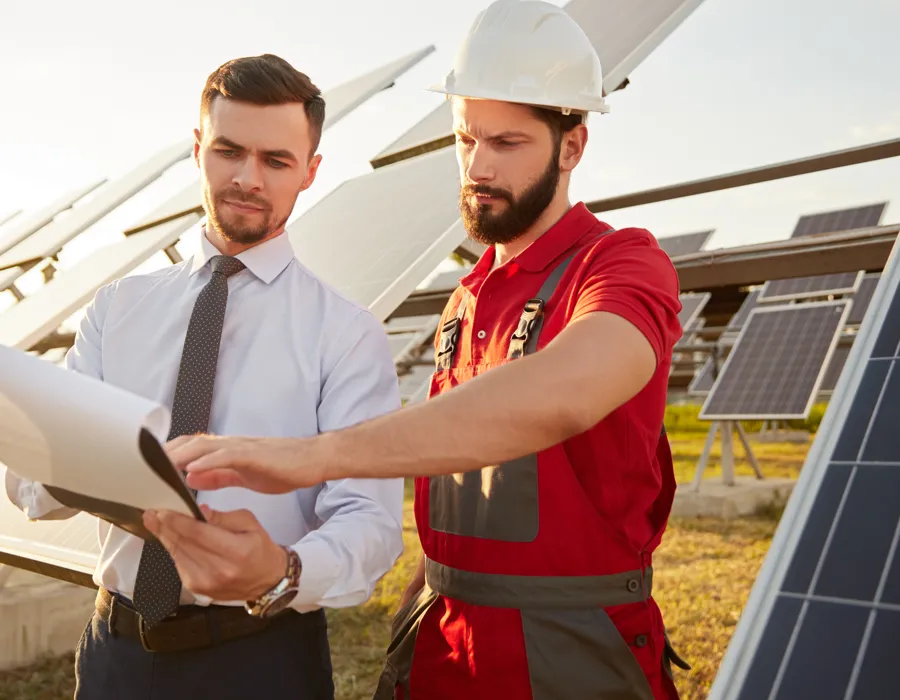 Ein Monteur zeigt einem Mann mit Krawatte etwas in Unterlagen zwischen schräg aufgeständerten Solarmodulen