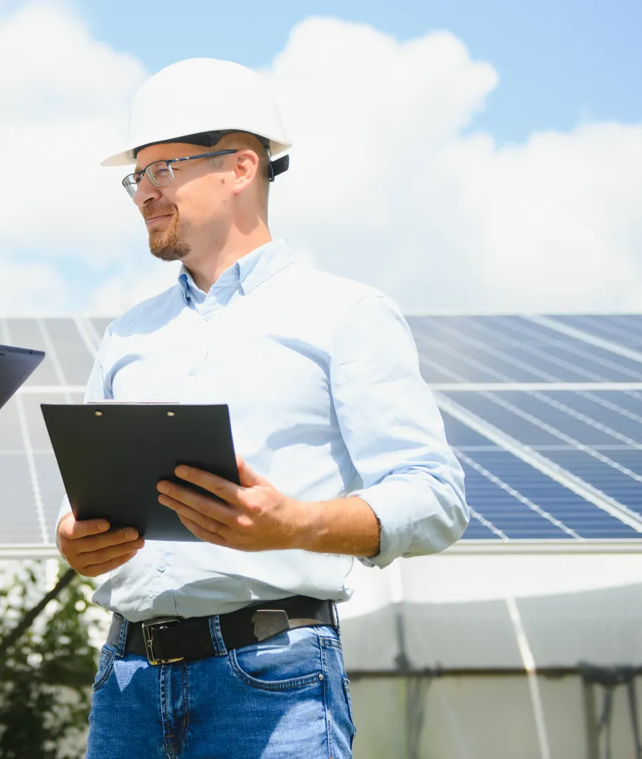 Ein Mann mit Schutzhelm und Klemmbrett steht vor einer Reihe von Solarmodulen
